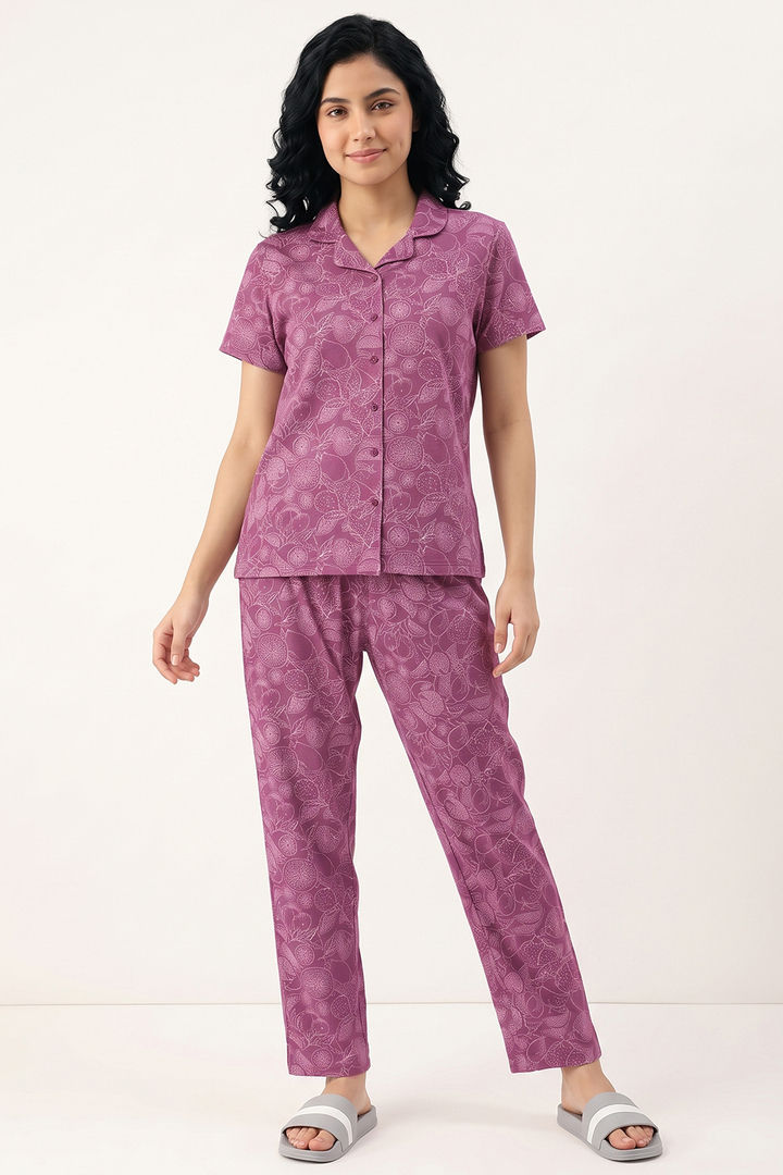 Zivame Mixed Fruit Buttersoft Knit Poly Pyjama Set - Red Violet — image 2